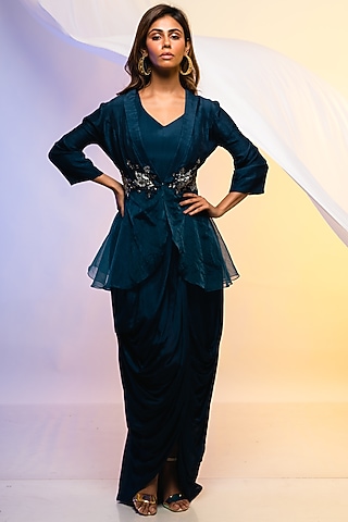 Midnight Blue Silk & Organza Jacket Dress by Smriti by Anju Agarwal