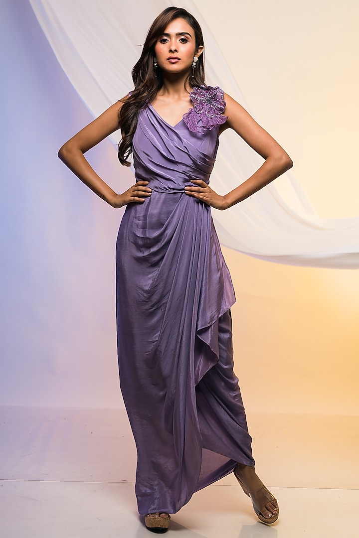 Amethyst Lavender Crepe Embellished Draped Gown by Smriti by Anju Agarwal