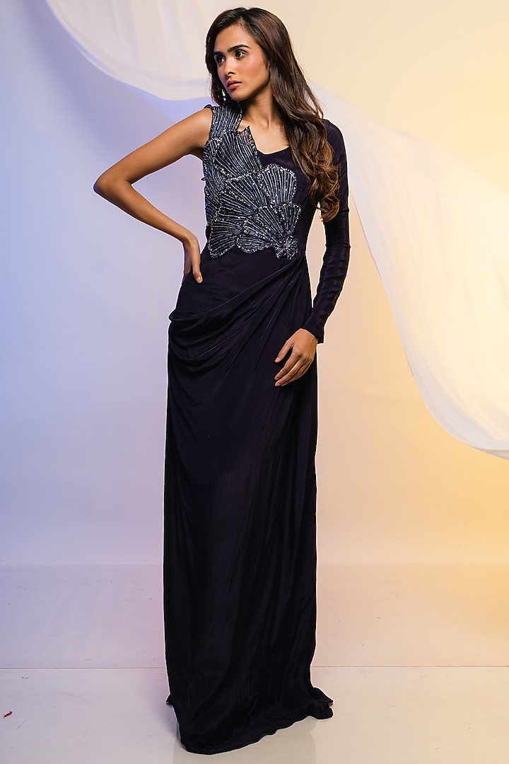 Purple Haze Crepe Embellished Draped Gown by Smriti by Anju Agarwal at Pernia's Pop Up Shop