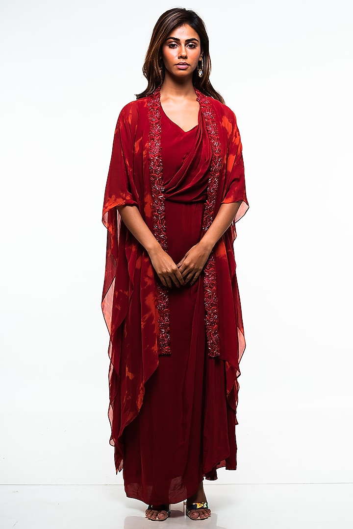 Carmine & Rosewood Georgette Embroidered Jacket Dress by Smriti by Anju Agarwal at Pernia's Pop Up Shop