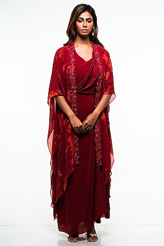Carmine & Rosewood Georgette Embroidered Jacket Dress by Smriti by Anju Agarwal