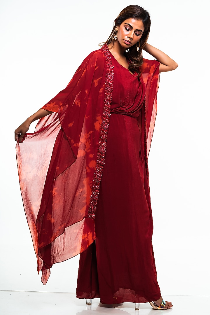 Carmine & Rosewood Georgette Embroidered Jacket Vacation Dress by Smriti by Anju Agarwal at Pernia's Pop Up Shop