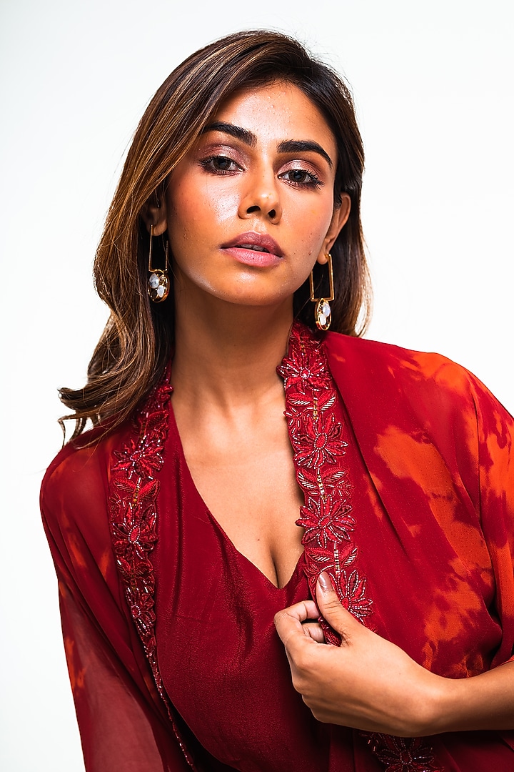 Carmine & Rosewood Georgette Embroidered Jacket Vacation Dress by Smriti by Anju Agarwal at Pernia's Pop Up Shop