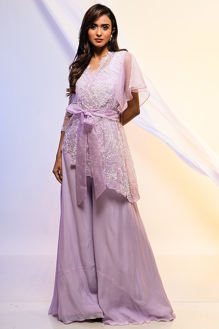 Lavender Organza Embroidered Jacket Set by Smriti by Anju Agarwal at Pernia's Pop Up Shop