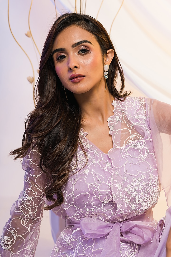 Lavender Organza Embroidered Jacket Set by Smriti by Anju Agarwal at Pernia's Pop Up Shop