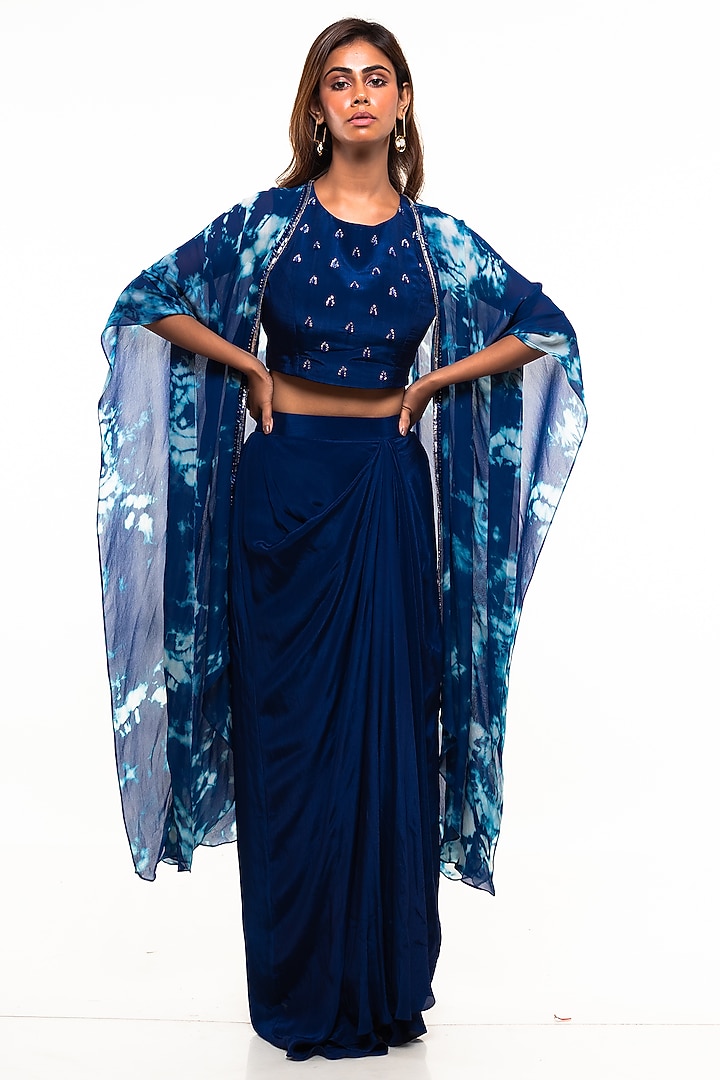 Sailor Blue Crepe Draped Skirt Set by Smriti by Anju Agarwal at Pernia's Pop Up Shop