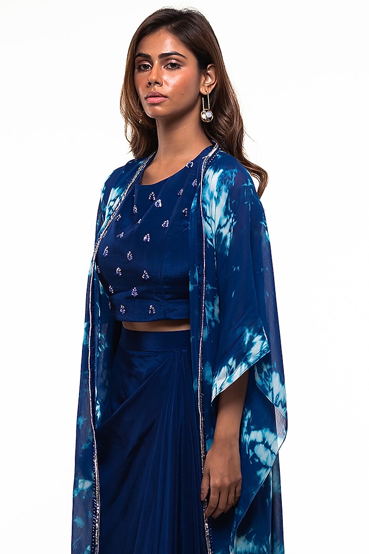Sailor Blue Crepe Draped Skirt Set by Smriti by Anju Agarwal at Pernia's Pop Up Shop