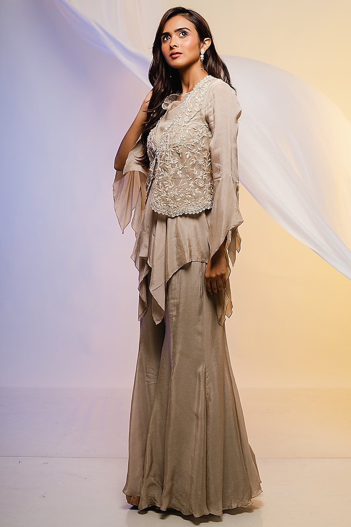 Sedate Grey Organza Embroidered Jacket Set by Smriti by Anju Agarwal at Pernia's Pop Up Shop