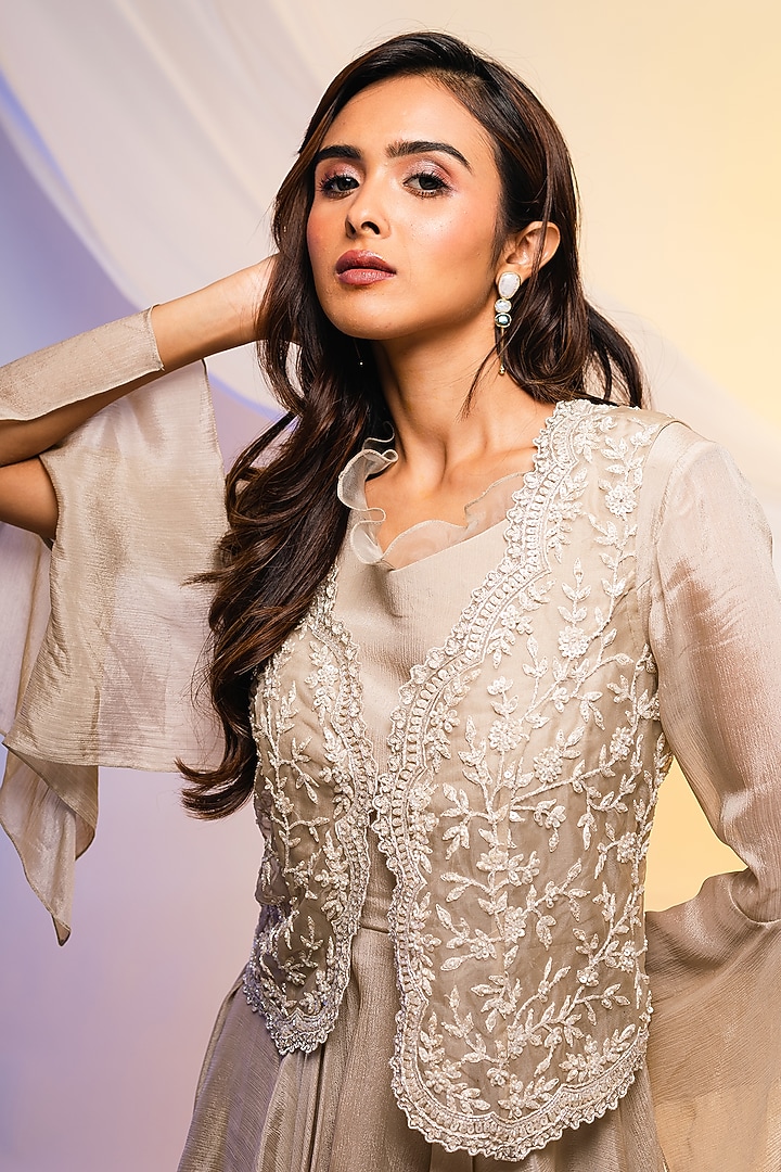 Sedate Grey Organza Embroidered Jacket Set by Smriti by Anju Agarwal at Pernia's Pop Up Shop