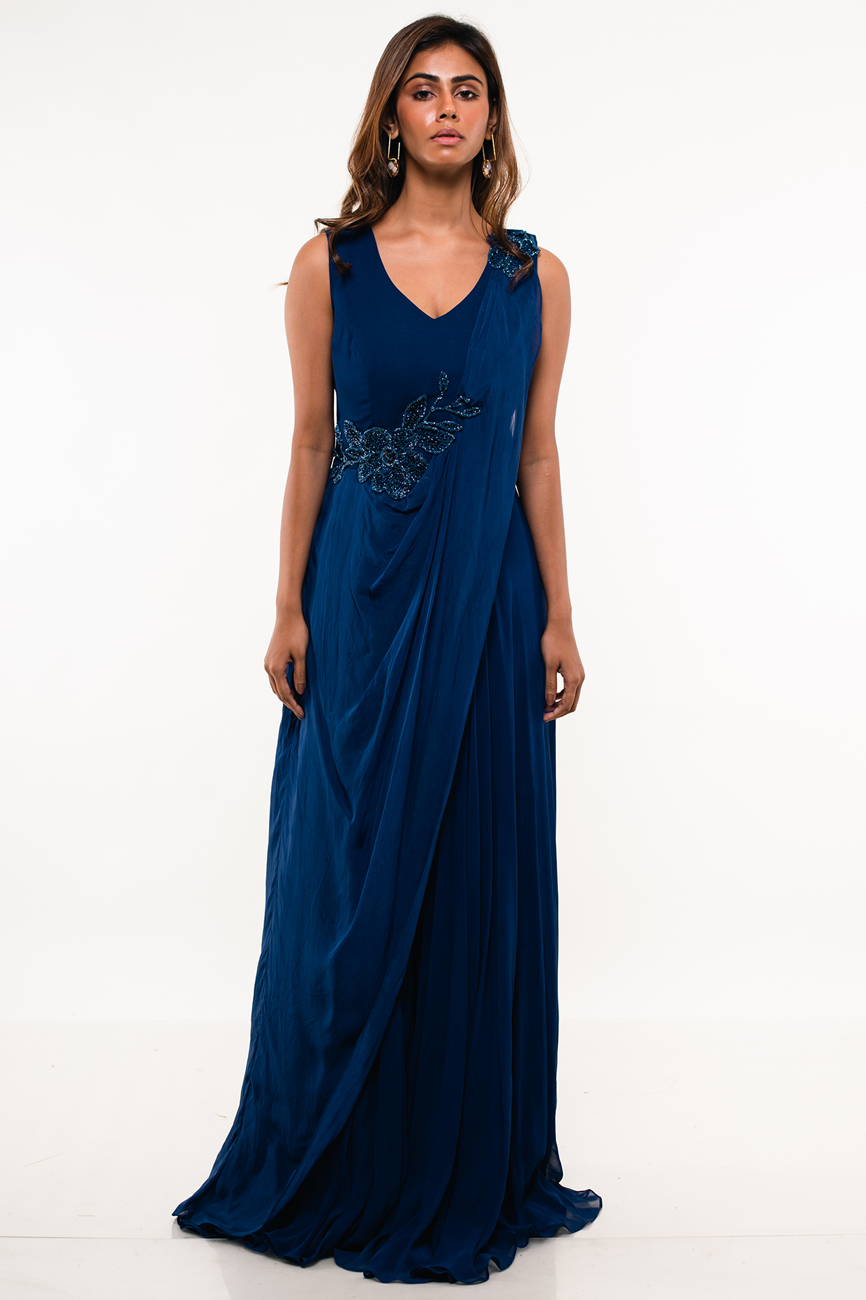 Sailor Blue Georgette Embroidered Draped Jumpsuit by Smriti by Anju Agarwal at Pernia's Pop Up Shop
