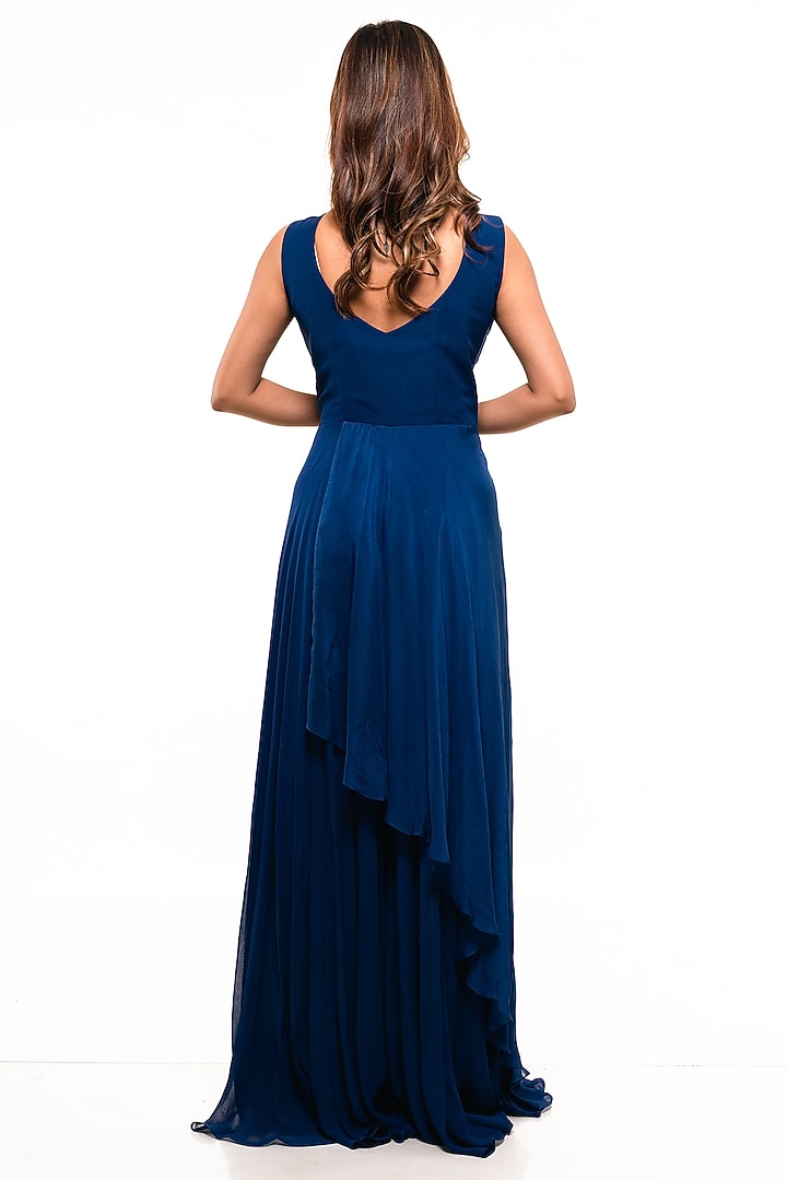 Sailor Blue Georgette Embroidered Draped Jumpsuit by Smriti by Anju Agarwal at Pernia's Pop Up Shop