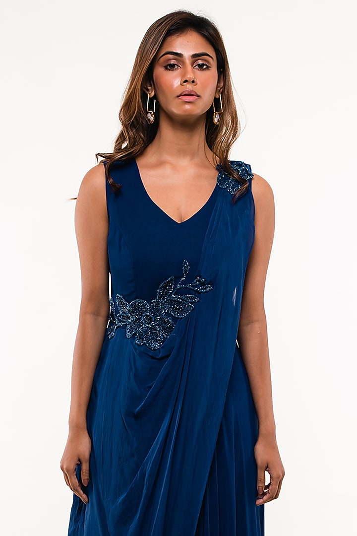 Sailor Blue Georgette Embroidered Draped Jumpsuit by Smriti by Anju Agarwal at Pernia's Pop Up Shop