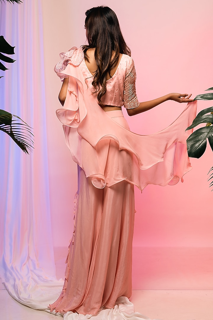 Peach Chinon & Georgette Pant Party Wear Saree Set by Smriti by Anju Agarwal at Pernia's Pop Up Shop