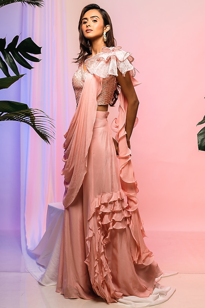 Peach Chinon & Georgette Pant Party Wear Saree Set by Smriti by Anju Agarwal at Pernia's Pop Up Shop