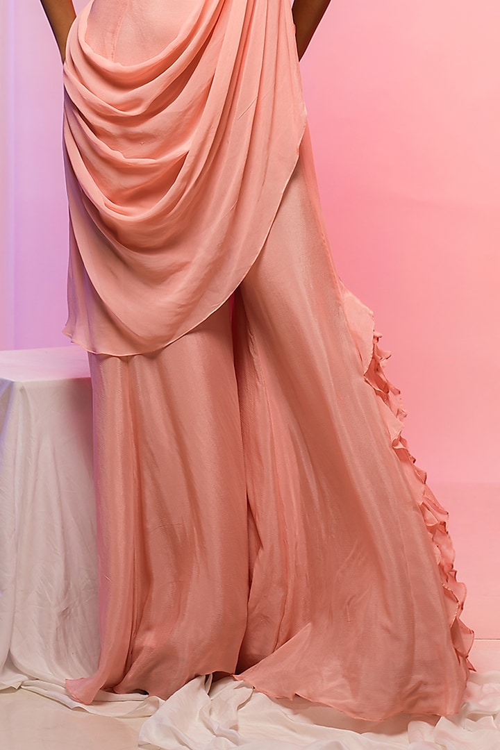 Peach Chinon & Georgette Pant Party Wear Saree Set by Smriti by Anju Agarwal at Pernia's Pop Up Shop