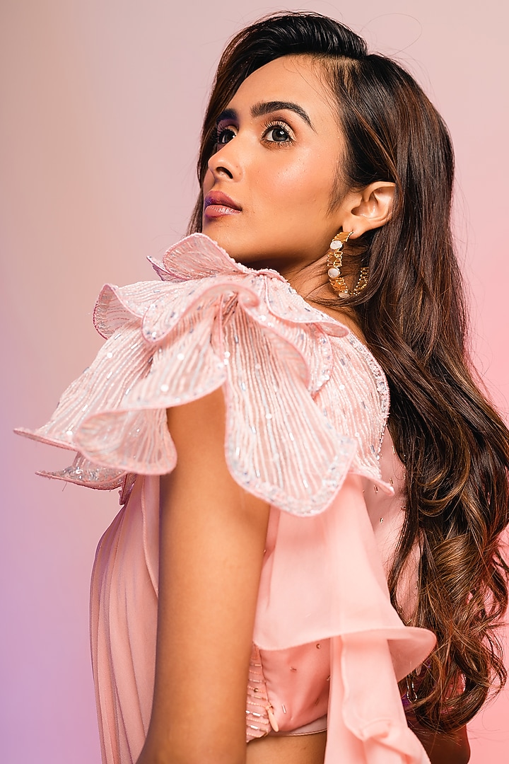 Peach Chinon & Georgette Pant Party Wear Saree Set by Smriti by Anju Agarwal at Pernia's Pop Up Shop