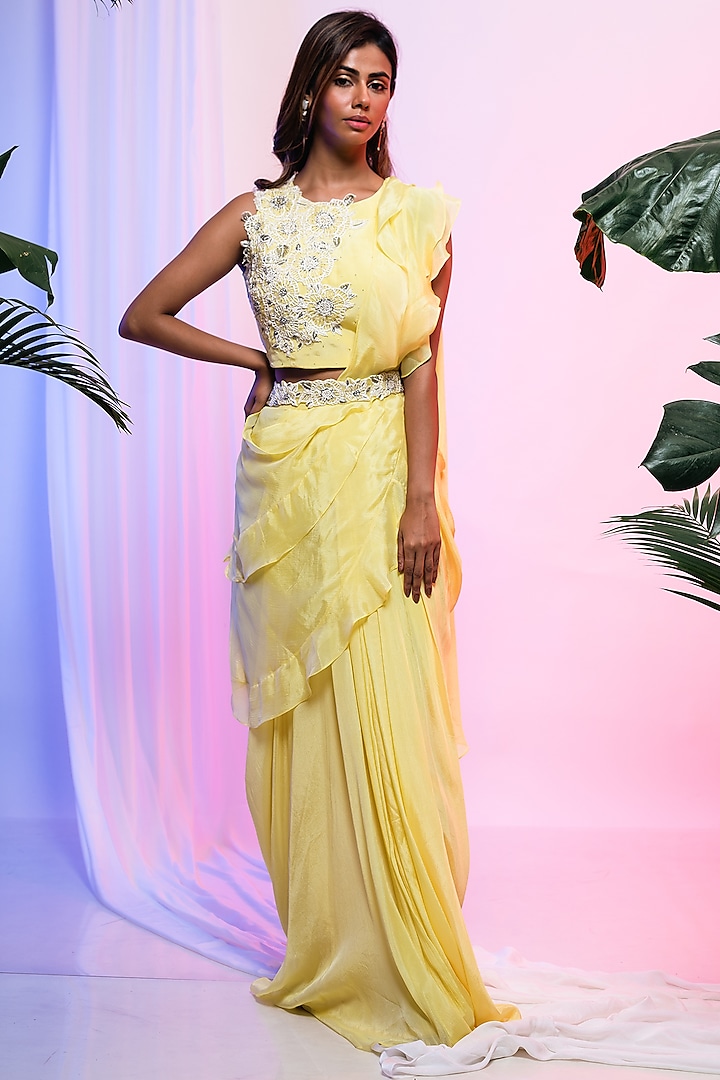 Firefly Yellow Chinon & Organza Draped Skirt Saree Set by Smriti by Anju Agarwal