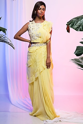 Firefly Yellow Chinon & Organza Draped Skirt Saree Set by Smriti by Anju Agarwal