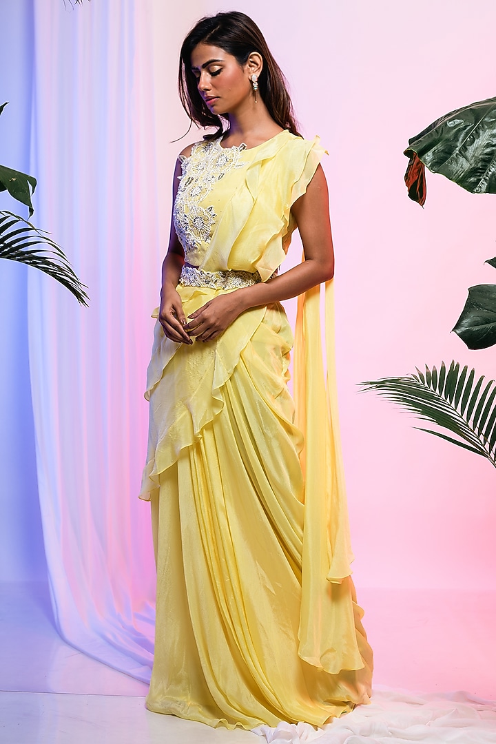 Firefly Yellow Chinon & Organza Draped Skirt Party Wear Saree Set by Smriti by Anju Agarwal at Pernia's Pop Up Shop