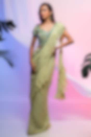 Citrus Green Chinon & Organza Draped Skirt Party Wear Saree Set by Smriti by Anju Agarwal at Pernia's Pop Up Shop