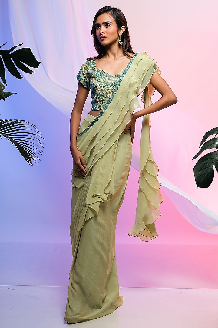 Citrus Green Chinon & Organza Draped Skirt Party Wear Saree Set by Smriti by Anju Agarwal at Pernia's Pop Up Shop