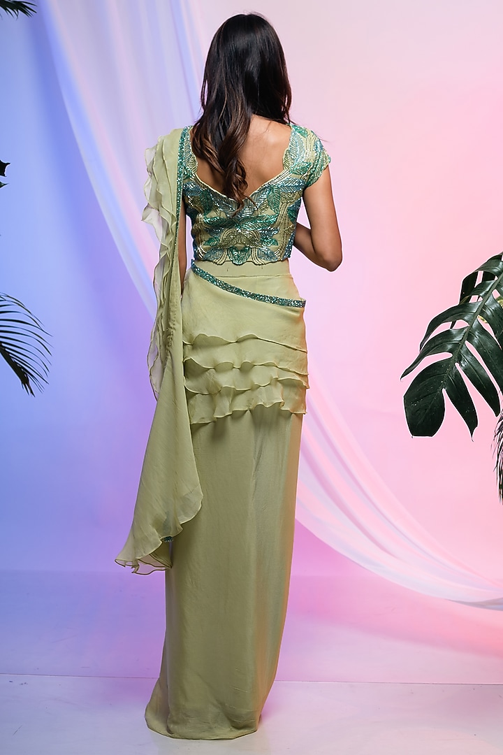 Citrus Green Chinon & Organza Draped Skirt Party Wear Saree Set by Smriti by Anju Agarwal at Pernia's Pop Up Shop