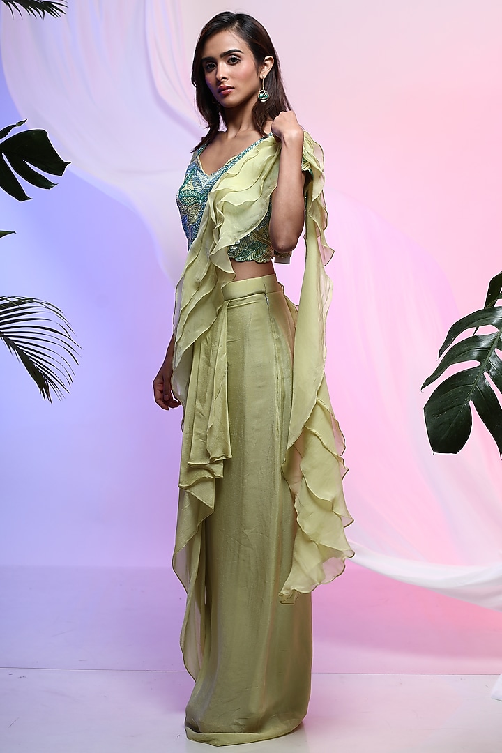 Citrus Green Chinon & Organza Draped Skirt Party Wear Saree Set by Smriti by Anju Agarwal at Pernia's Pop Up Shop
