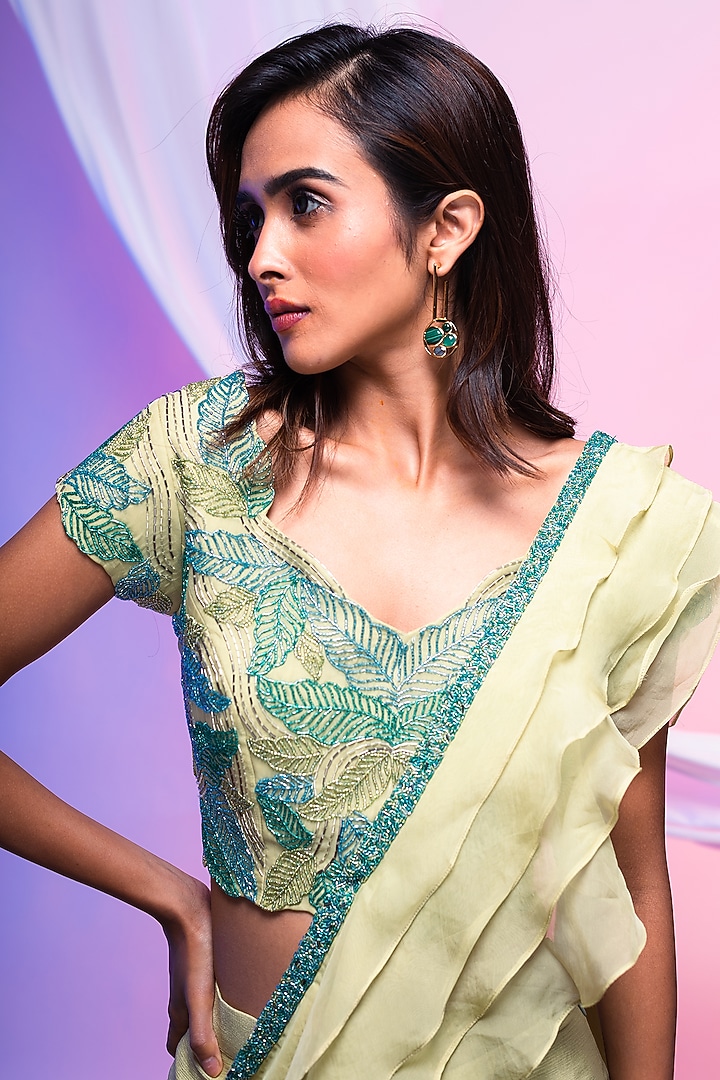 Citrus Green Chinon & Organza Draped Skirt Party Wear Saree Set by Smriti by Anju Agarwal at Pernia's Pop Up Shop