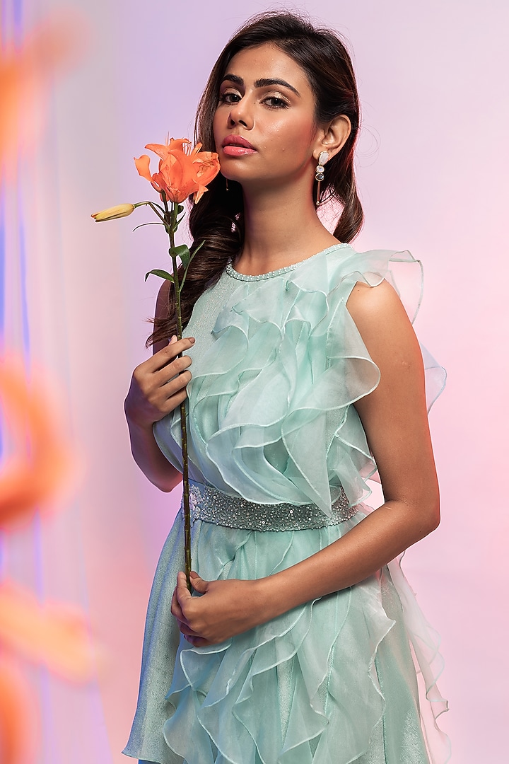 Aqua Chinon Pant Set by Smriti by Anju Agarwal at Pernia's Pop Up Shop