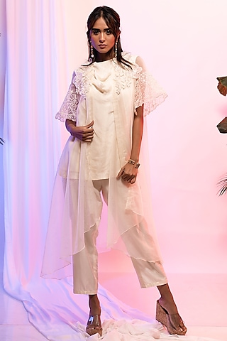 Ivory Organza Embroidered Jacket Set by Smriti by Anju Agarwal