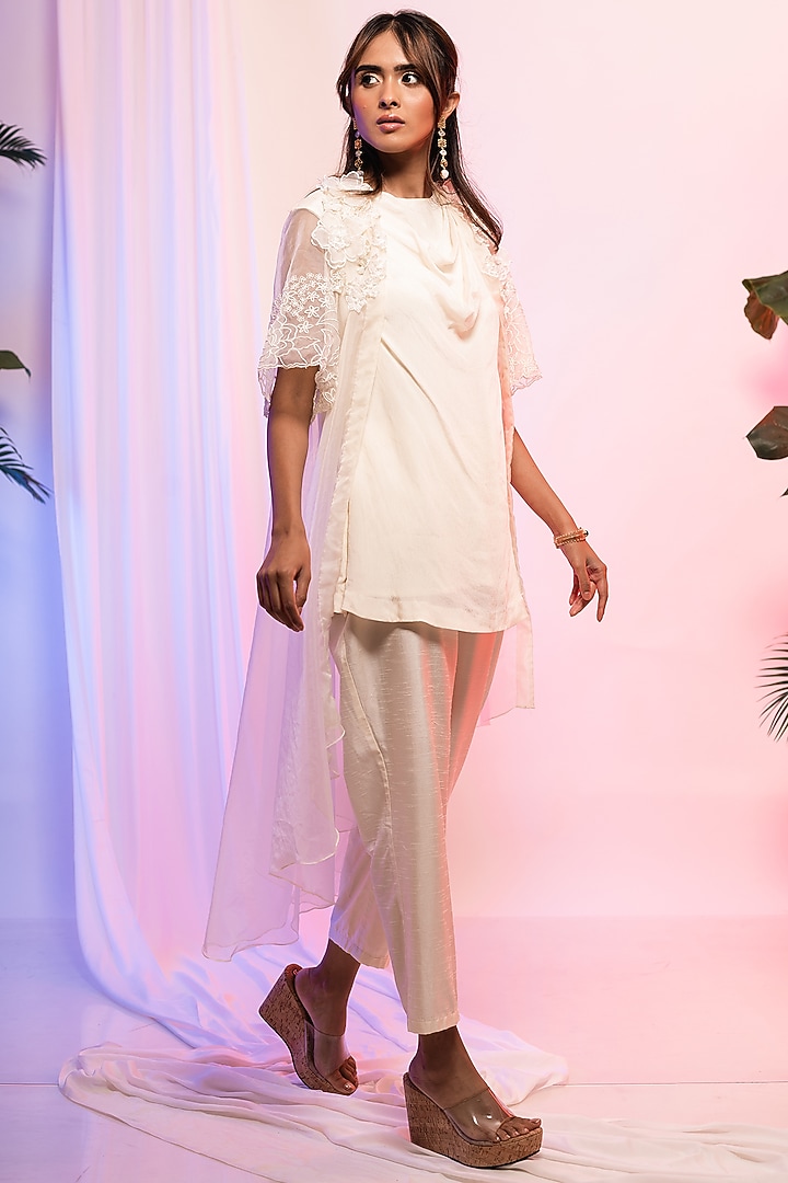Ivory Organza Embroidered Jacket Set by Smriti by Anju Agarwal at Pernia's Pop Up Shop