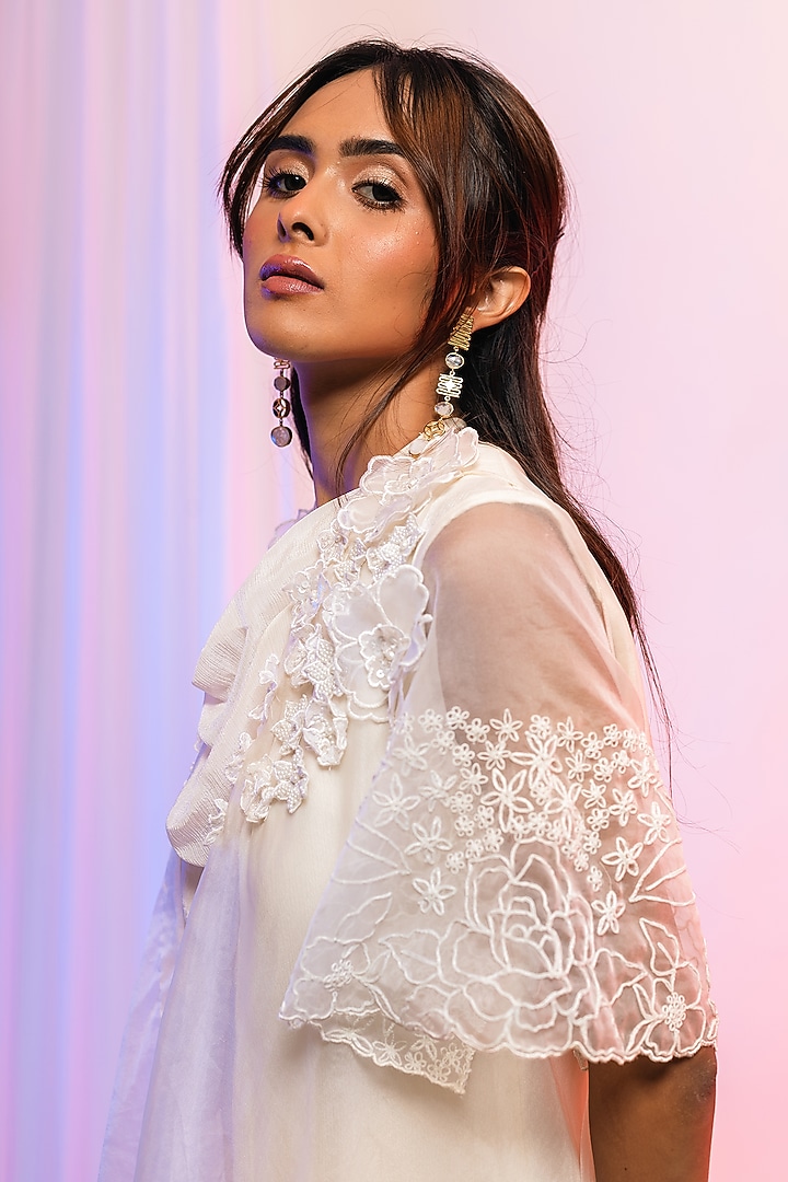 Ivory Organza Embroidered Jacket Set by Smriti by Anju Agarwal at Pernia's Pop Up Shop