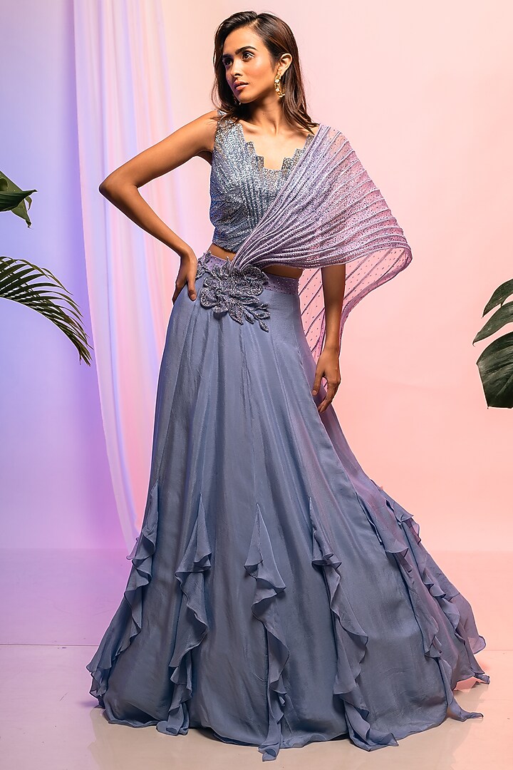 Blue Chinon & Organza Wedding Lehenga Set by Smriti by Anju Agarwal at Pernia's Pop Up Shop