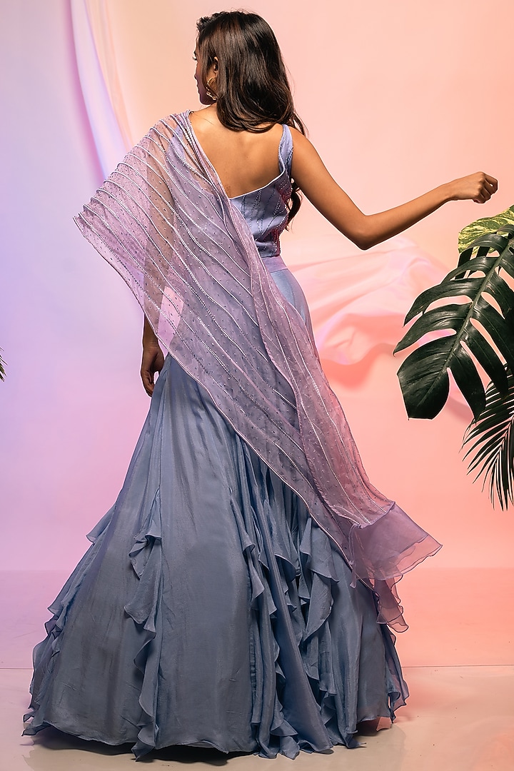 Blue Chinon & Organza Wedding Lehenga Set by Smriti by Anju Agarwal at Pernia's Pop Up Shop