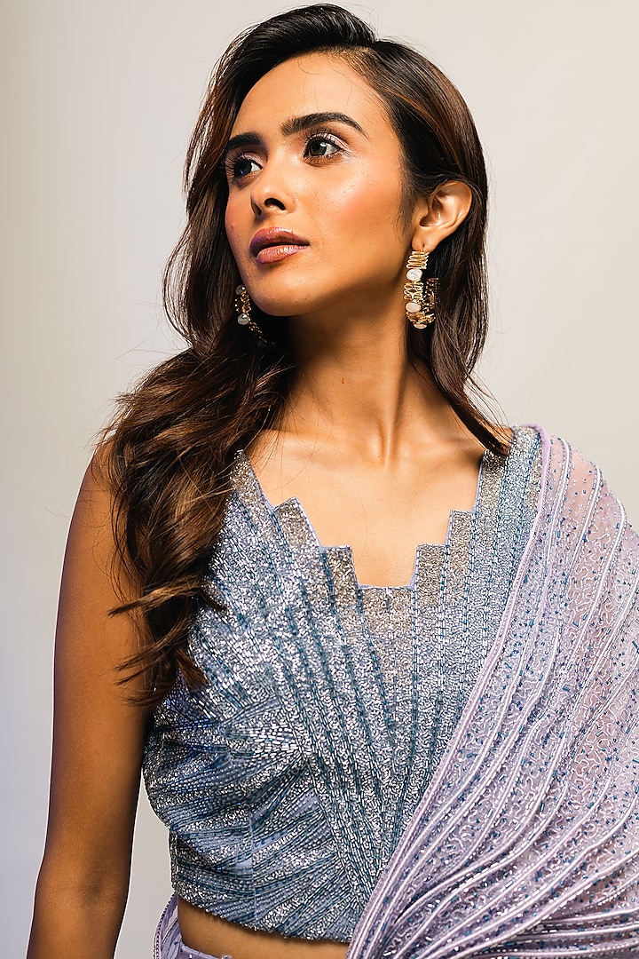 Blue Chinon & Organza Wedding Lehenga Set by Smriti by Anju Agarwal at Pernia's Pop Up Shop