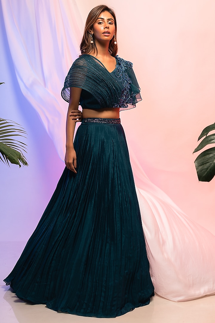 Midnight Blue Chinon Lehenga Set by Smriti by Anju Agarwal at Pernia's Pop Up Shop