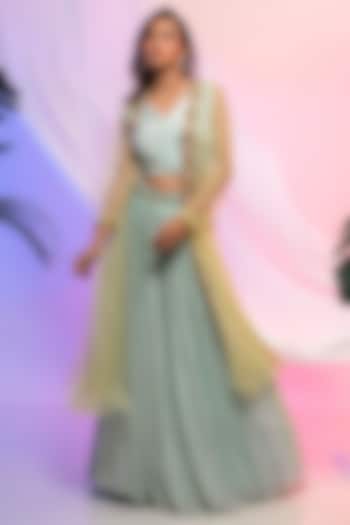 Lime Green & Aqua Chinon Wedding Lehenga Set by Smriti by Anju Agarwal at Pernia's Pop Up Shop