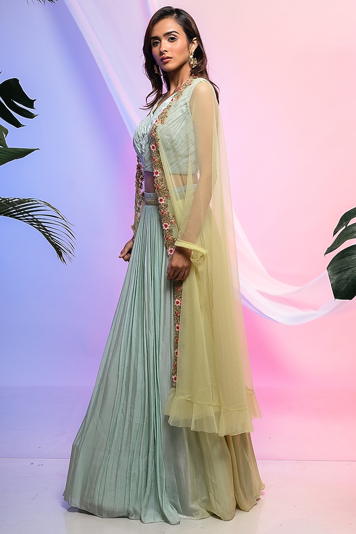 Lime Green & Aqua Chinon Wedding Lehenga Set by Smriti by Anju Agarwal at Pernia's Pop Up Shop