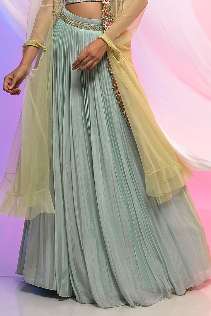 Lime Green & Aqua Chinon Wedding Lehenga Set by Smriti by Anju Agarwal at Pernia's Pop Up Shop