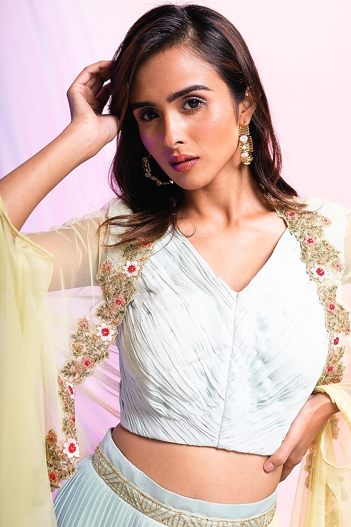 Lime Green & Aqua Chinon Wedding Lehenga Set by Smriti by Anju Agarwal at Pernia's Pop Up Shop