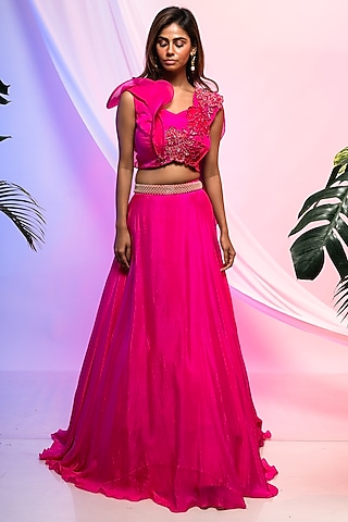 Fuchsia Pink Chinon Flared Lehenga Set by Smriti by Anju Agarwal