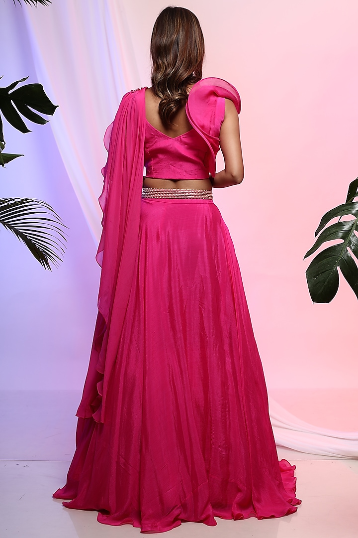 Fuchsia Pink Chinon Flared Lehenga Set by Smriti by Anju Agarwal at Pernia's Pop Up Shop