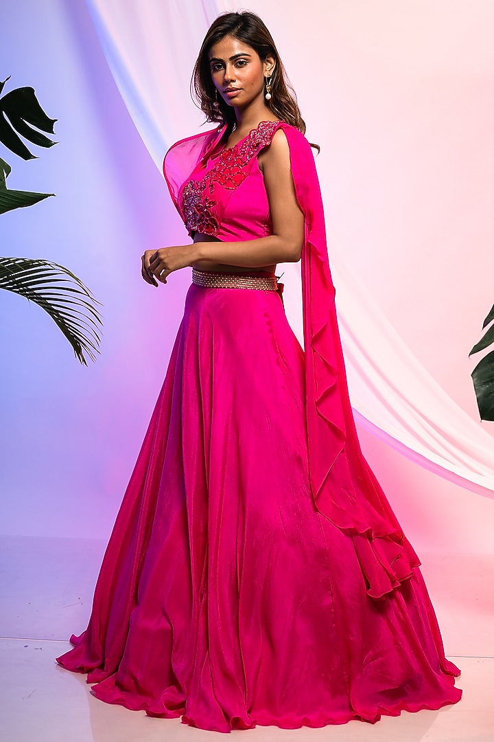 Fuchsia Pink Chinon Flared Lehenga Set by Smriti by Anju Agarwal at Pernia's Pop Up Shop