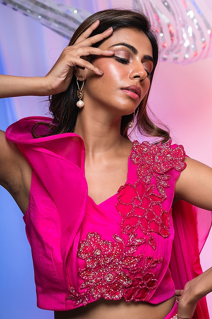 Fuchsia Pink Chinon Flared Lehenga Set by Smriti by Anju Agarwal at Pernia's Pop Up Shop