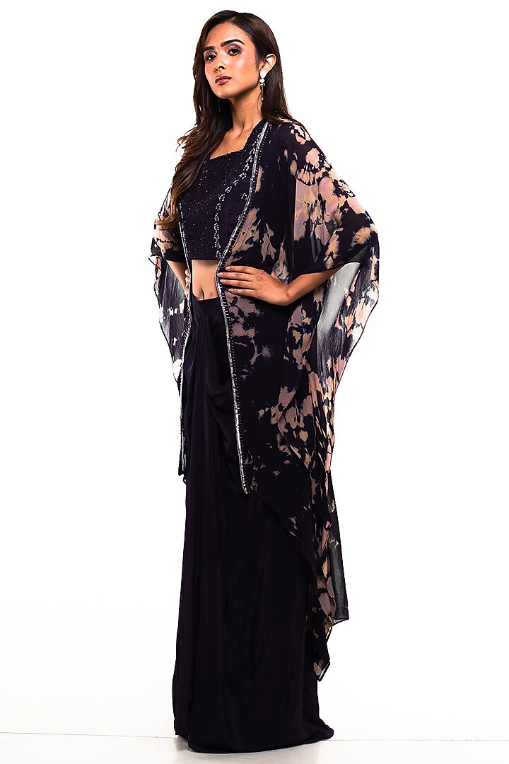 Purple Crepe Draped Skirt Set by Smriti by Anju Agarwal at Pernia's Pop Up Shop