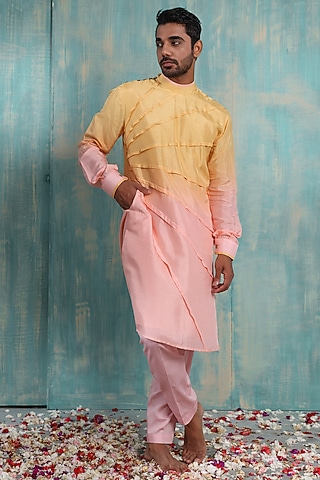 Sunshine Yellow & Lemonade Pink Dyed Kurta Set by Smriti By Anju Agarwal Men