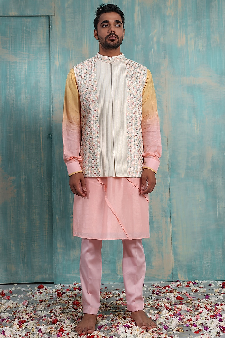 Ivory Silk Floral Embroidered Bundi Jacket Set by Smriti By Anju Agarwal Men