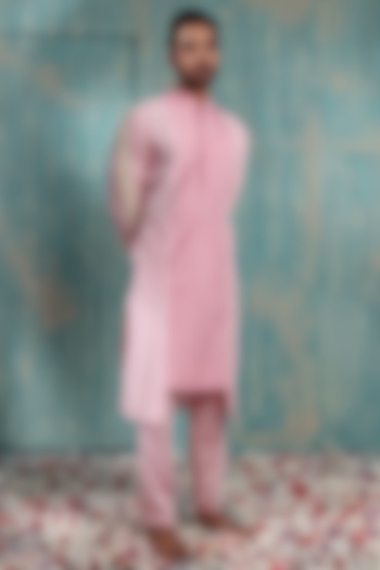 Salmon Pink & Biscuit Beige Silk Kurta Set by Smriti By Anju Agarwal Men at Pernia's Pop Up Shop