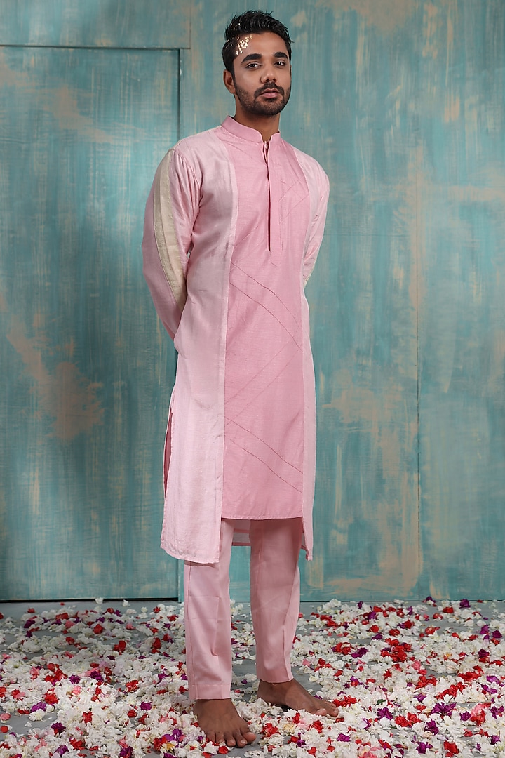 Salmon Pink & Biscuit Beige Silk Kurta Set by Smriti By Anju Agarwal Men at Pernia's Pop Up Shop
