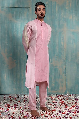 Salmon Pink & Biscuit Beige Silk Kurta Set by Smriti By Anju Agarwal Men
